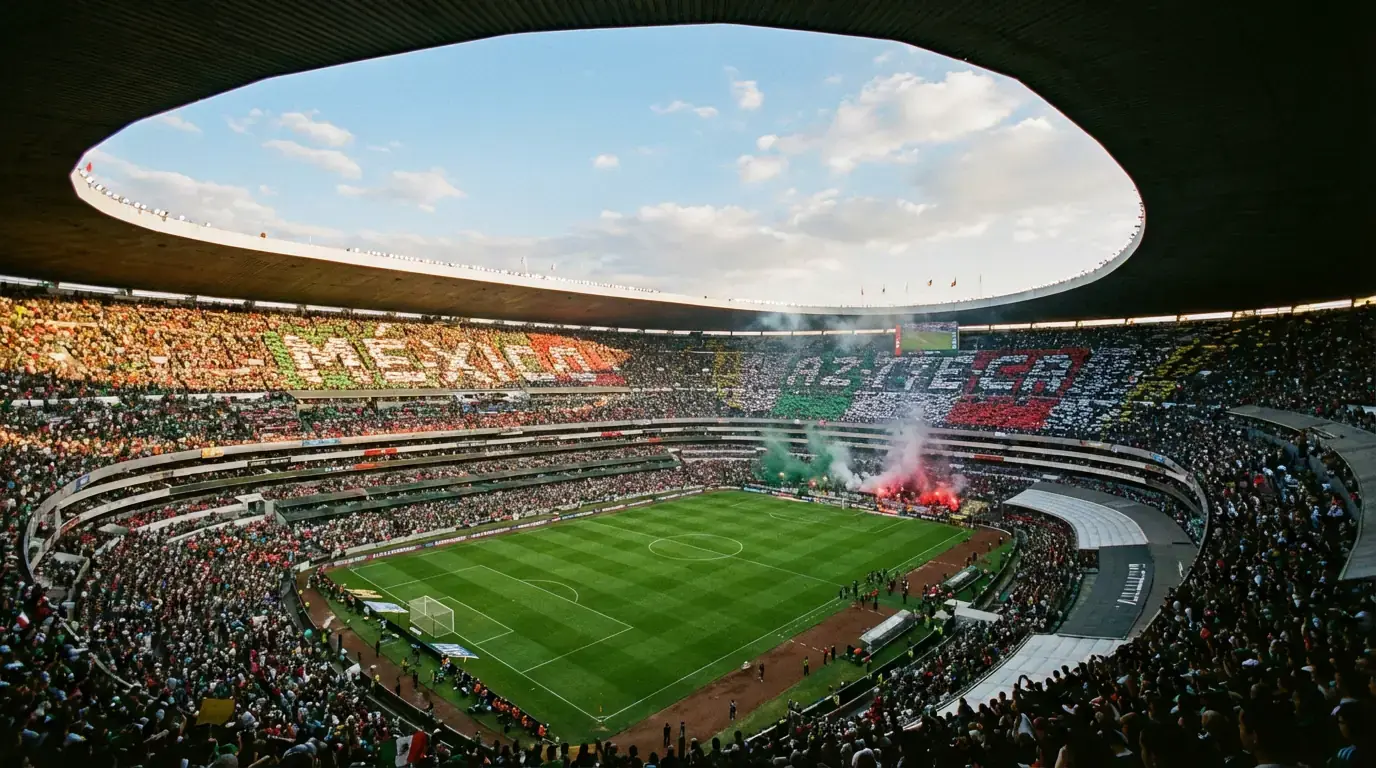 Historisk mexicansk fodboldstadion med tilskuere og grøn bane