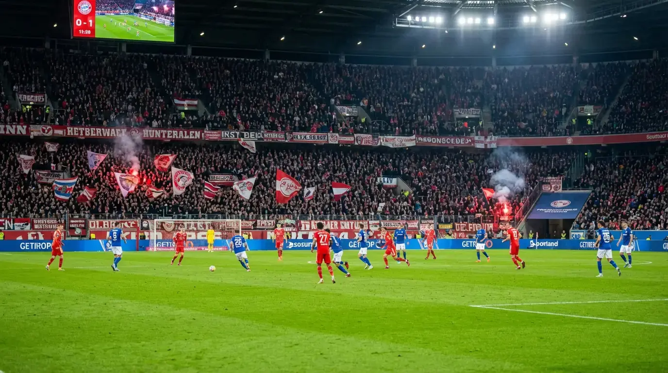 Fodboldspillere på banen under en intens kamp med tilskuere i baggrunden