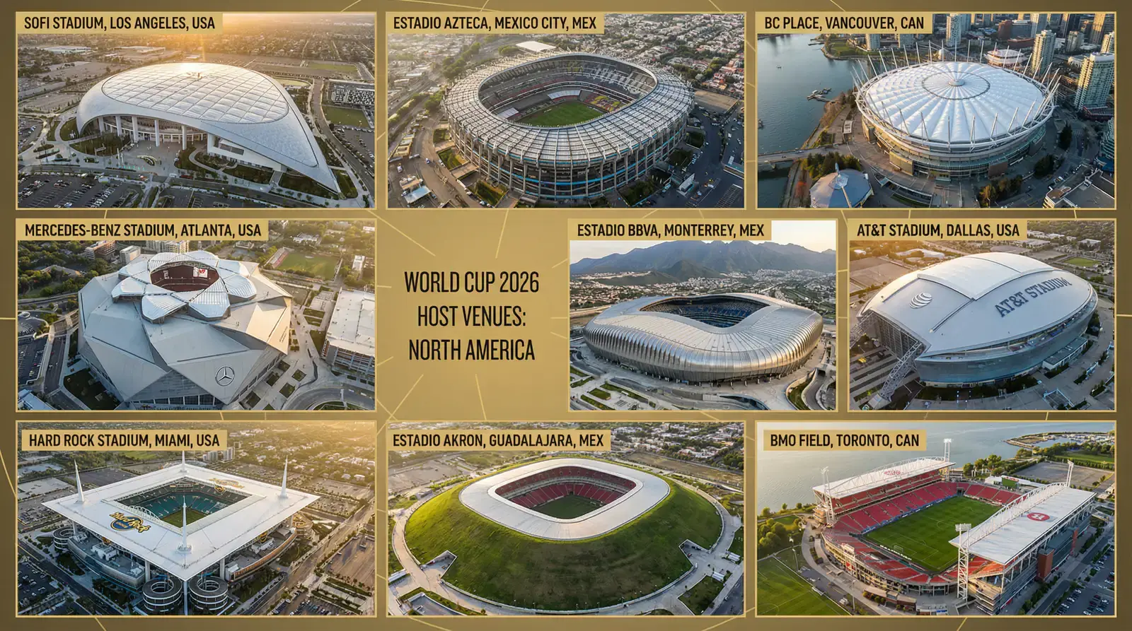 Oversigt over VM 2026 stadioner i USA Mexico og Canada med 16 arenaer