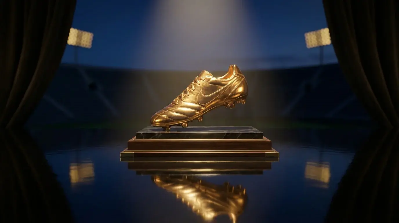 VM guldstøvle trofæ med historiske topscorere Fontaine, Klose og Mbappé